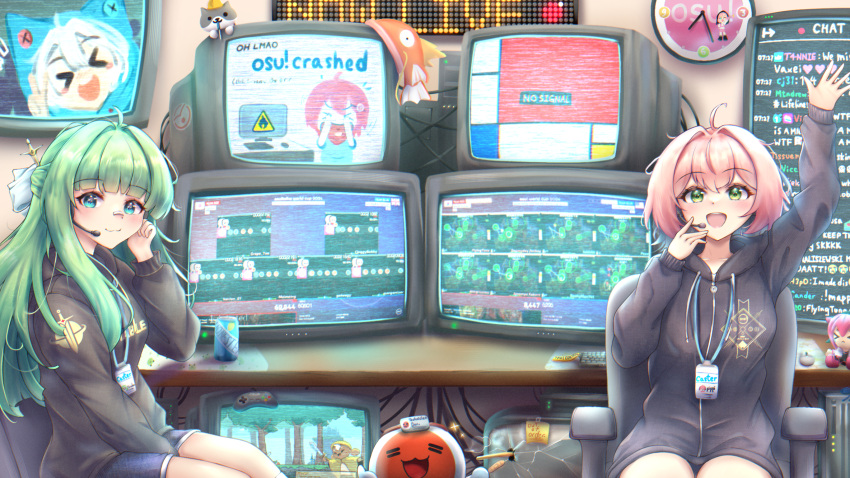 >_<, 3girls, :3, :d, =_=, ahoge, analog_clock, arm_up