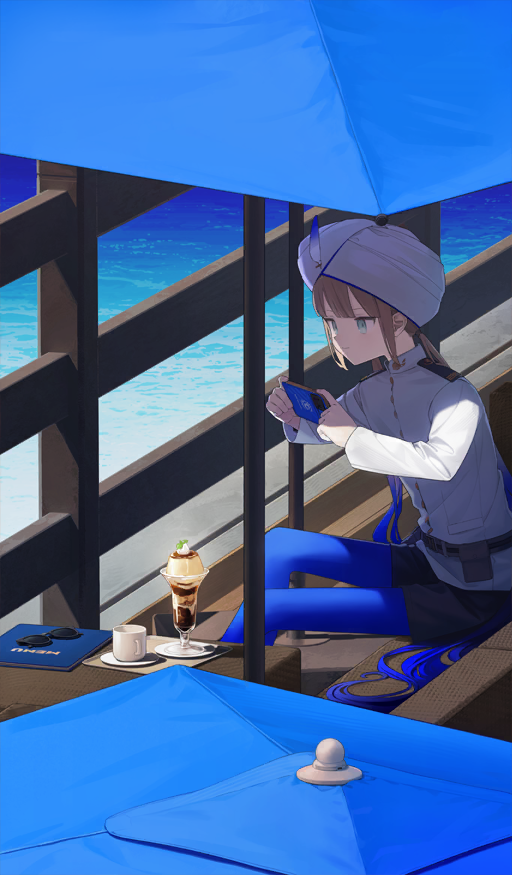 1boy, androgynous, astg, beach, belt, black_shorts, blue_eyes, blue_hair