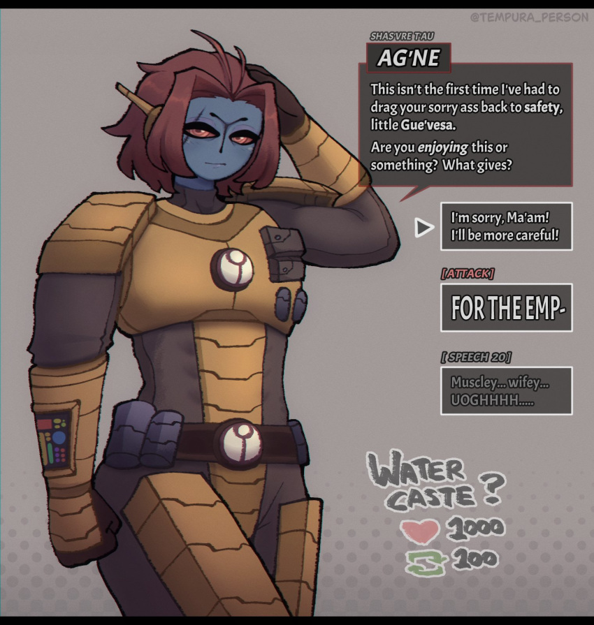 1girl, alien, armor, artist_name, blue_skin, bodysuit, breasts, brown_hair