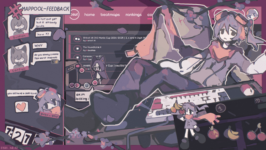 1boy, 2girls, 727_(meme), apple, banana, black_pants, chat_log, cherry, chirou_(osu!), closed_mouth, commentary, computer_keyboard, computer_mouse, contest_winner, crossed_legs, drooling, english_commentary, english_text, food, frown, fruit, goggles, goggles_on_head, grey_hair, hair_between_eyes, highres, holding, holding_tray, hood, hood_up, layered_sleeves, legs_on_table, long_sleeves, looking_at_viewer, male_focus, medium_hair, meme, mouth_drool, multiple_girls, on_chair, orange_scarf, osu!, pants, ponytail, sardine_(f1sh_meat), scarf, second-party_source, short_over_long_sleeves, short_sleeves, sitting, skill_issue_(meme), taiko_no_tatsujin, tray, twitter_username, white_hair, yuzu_(osu!)