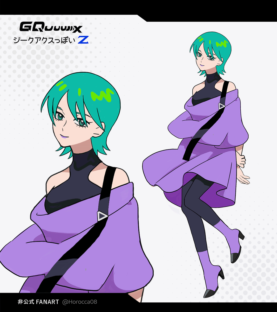 1girl, ankle_boots, aqua_hair, arms_behind_back, artist_name, bare_shoulders, black_pants, black_tank_top, boots, closed_mouth, commentary_request, copyright_name, four_murasame, full_body, green_eyes, gundam, gundam_gquuuuuux, hand_on_own_wrist, high_heel_boots, high_heels, highres, holding_own_wrist, horocca, lipstick, looking_at_viewer, makeup, multiple_views, official_style, pants, purple_boots, purple_lips, short_hair, simple_background, smile, take_(takegarou)_(style), tank_top, twitter_username, white_background, zeta_gundam