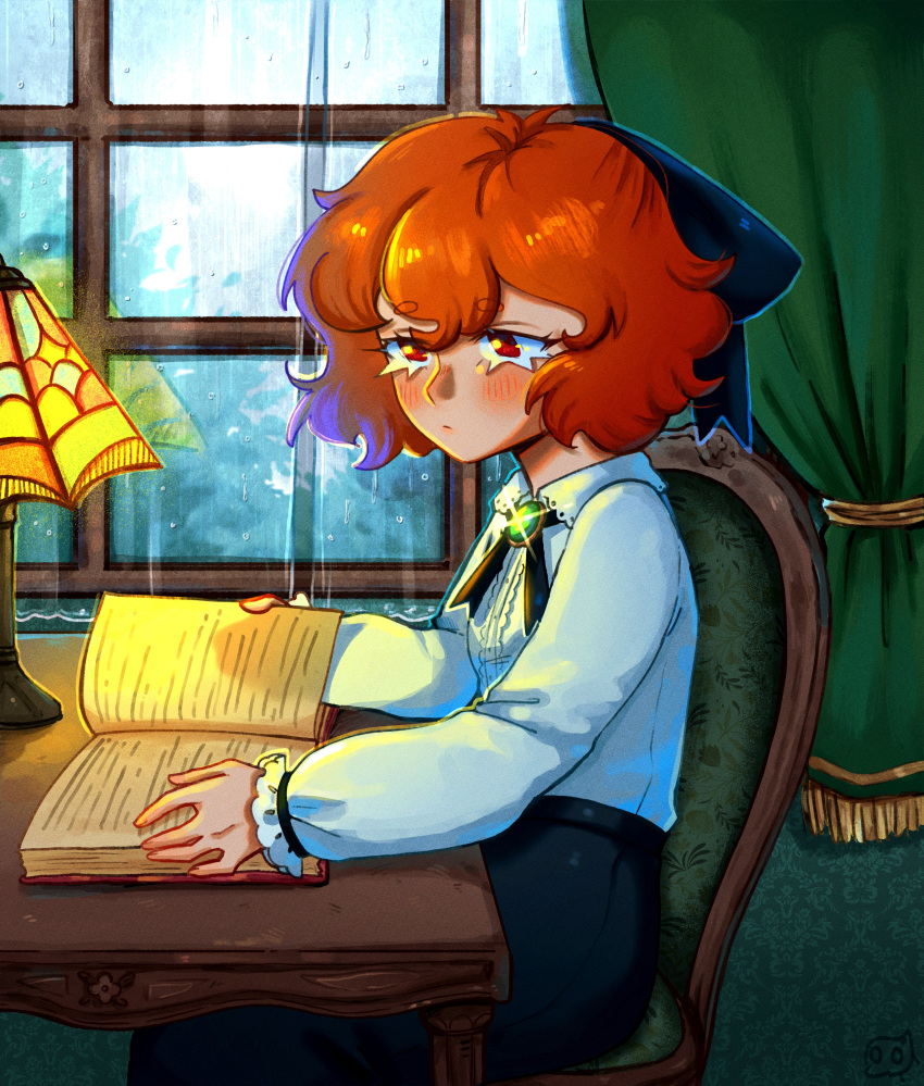 1girl, absurdres, black_ribbon, black_skirt, blush, book, chair, closed_mouth, commentary, curtains, desk_lamp, english_commentary, glint, hair_ribbon, highres, holding, holding_book, indoors, lamp, long_sleeves, lucinda_grey, lucinda_grey_(character), open_book, orange_hair, original, red_eyes, ribbon, shirt, short_hair, sitting, skirt, solo, table, white_shirt, window