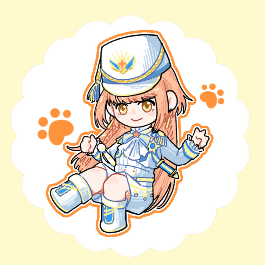 1girl, aiguillette, ascot, blue_bow, blue_bowtie, blush_stickers, boots, border