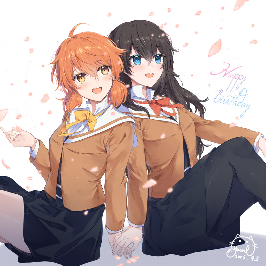 2girls, absurdres, ahoge, black_hair, black_pantyhose, black_skirt, blue_eyes, blush