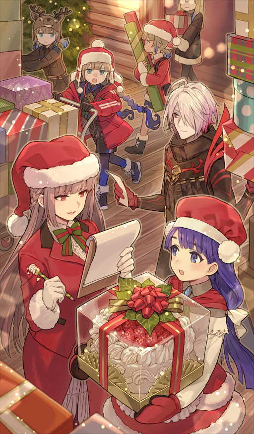1other, 3boys, 3girls, :o, androgynous, aqua_eyes, belt, black_boots, black_coat, black_pants, black_shorts, blue_brooch, blue_eyes, blue_hair, blue_pantyhose, blunt_bangs, boots, bow, bowtie, box, braid, brown_belt, brown_hair, brown_hat, brown_jacket, brown_mittens, brown_pants, brown_shirt, captain_nemo_(fate), captain_nemo_(santa)_(fate), christmas, clipboard, closed_mouth, coat, commentary_request, dress, engineer_nemo_(fate), engineer_nemo_(santa)_(fate), fate/grand_order, fate_(series), florence_nightingale_(fate), florence_nightingale_(santa)_(fate), fur-trimmed_boots, fur-trimmed_coat, fur-trimmed_dress, fur-trimmed_headwear, fur_trim, gift, gift_box, glasses, gloves, gradient_hair, green_bow, green_bowtie, green_eyes, hair_bow, hair_over_one_eye, hair_tie, hat, holding, holding_box, holding_clipboard, holding_gift, holding_paper, holding_pencil, jacket, karna_(fate), karna_(santa)_(fate), lace-up_boots, long_hair, long_sleeves, low-tied_long_hair, low_twintails, marine_nemo_(fate), marine_nemo_(santa)_(fate), martha_(fate), martha_(santa)_(fate), mittens, multicolored_hair, multiple_boys, multiple_girls, multiple_persona, nemo_(fate), official_art, one_eye_covered, opaque_glasses, open_clothes, open_coat, open_mouth, pale_skin, pants, pantyhose, pantyhose_under_shorts, paper, pencil, pohjola_no_christmas_eve, pom_pom_(clothes), pota_(bluegutty), professor_nemo_(fate), professor_nemo_(santa)_(fate), purple_hair, pushing_cart, red_bow, red_bowtie, red_coat, red_dress, red_eyes, red_gloves, red_hat, red_jacket, red_mittens, reindeer_hat, round_eyewear, santa_costume, santa_hat, shirt, short_twintails, shorts, sidelocks, smile, snowing, third-party_source, twin_braids, twintails, two-tone_bow, two-tone_bowtie, ushanka, white_bow, white_gloves, white_hair, white_shirt, winter_clothes, winter_coat