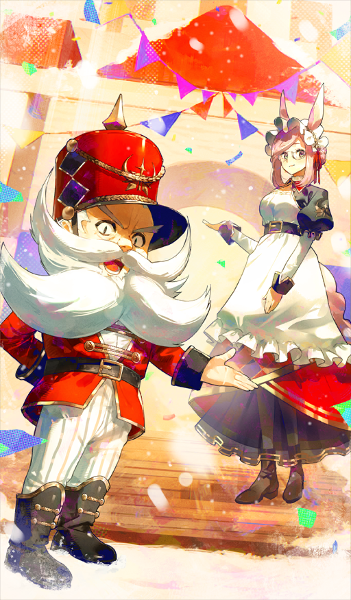 1boy, 1girl, :d, animal_ears, apron, arcobale_6, arm_behind_back, beard