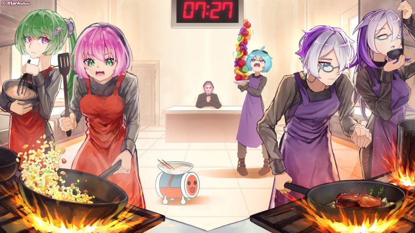 3boys, 3girls, 727_(meme), :3, :|, apple, apron, banana