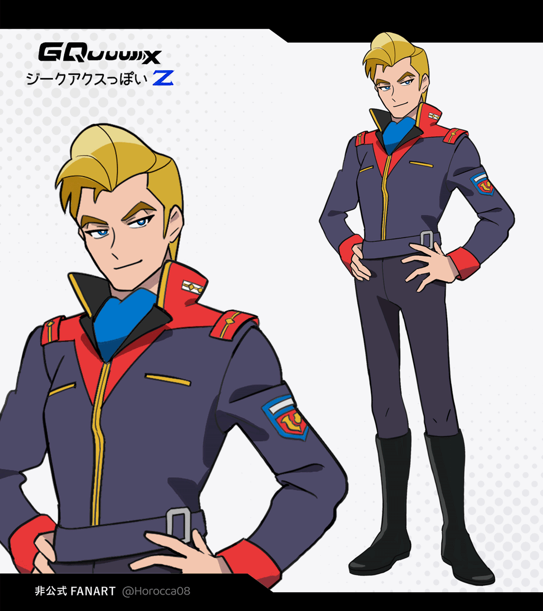 1boy, artist_name, black_boots, black_jacket, black_pants, blonde_hair, blue_eyes, boots, closed_mouth, copyright_name, full_body, gundam, gundam_gquuuuuux, hands_on_own_hips, highres, horocca, jacket, jerid_messa, knee_boots, long_sleeves, looking_at_viewer, male_focus, military_uniform, multiple_views, official_style, pants, short_hair, simple_background, smile, standing, take_(takegarou)_(style), thick_eyebrows, titans_(gundam), twitter_username, white_background, zeta_gundam, zoom_layer