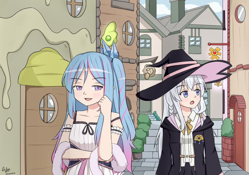 2girls, absurdres, aqua_hair, bare_shoulders, black_robe, blue_eyes, bow, bowtie