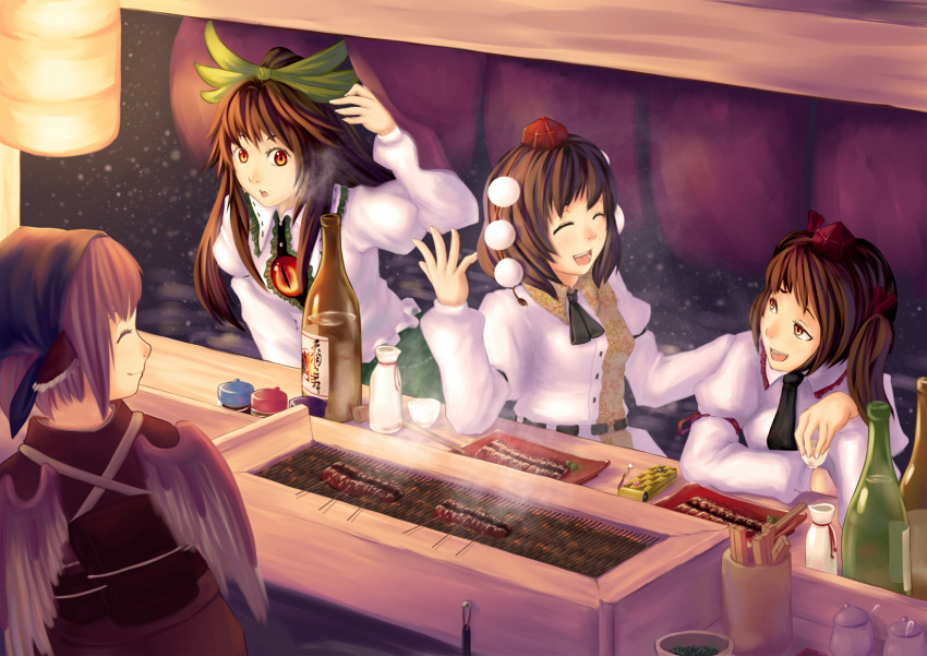animal_ears, bow, brown_hair, cellphone, food_stand, hair_bow, hat, head_scarf