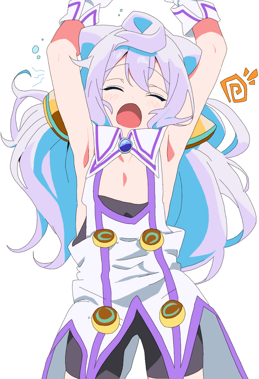 1boy, arms_up, black_shirt, black_shorts, blue_hair, close_encounters_of_the_third_kind, collared_dress, dress, gloves, hacka_doll, hacka_doll_3, highres, long_hair, nekokawa_isugi, otoko_no_ko, shirt, shorts, solo, white_background, white_dress, white_gloves