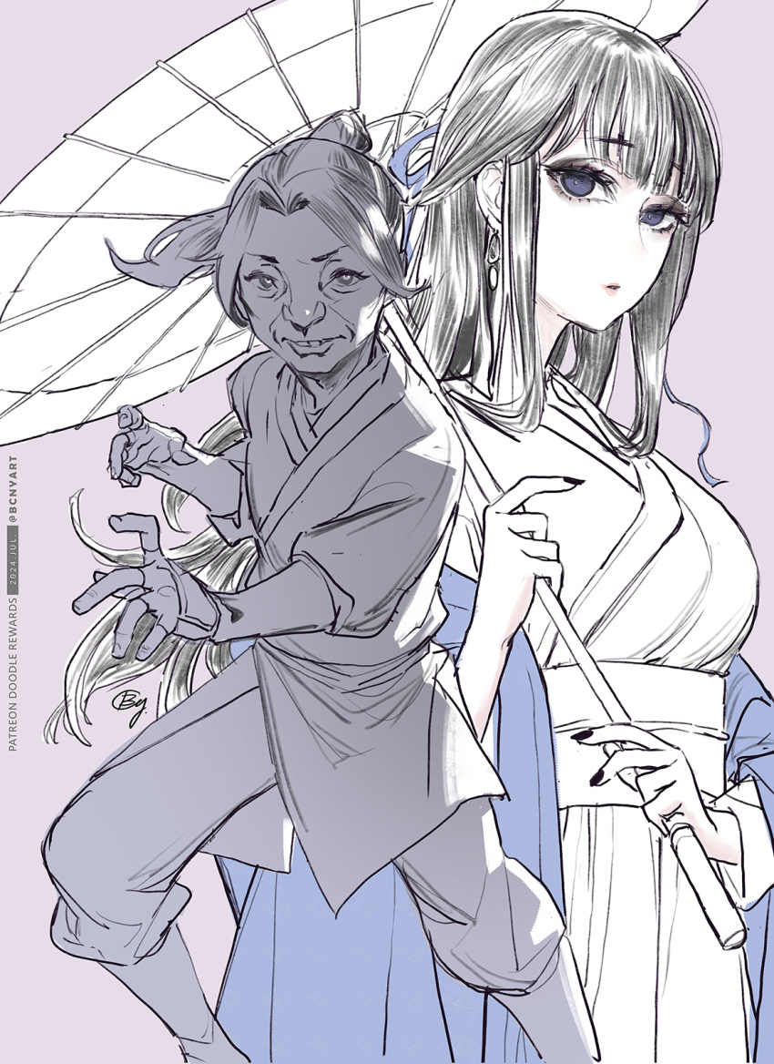 2girls, b.c.n.y., black_hair, character_request, fighting_stance, highres, holding, holding_umbrella
