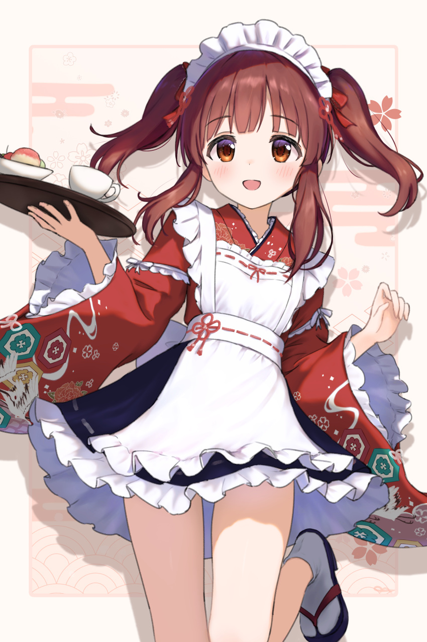 1girl, absurdres, apron, blush, brown_eyes, brown_hair, flat_chest, highres