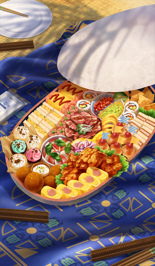 chopsticks, commentary_request, fate/grand_order, fate_(series), food, food_focus, food_request, kuwabara_(lasengle), no_humans, official_art, ono_no_komachi_koken-shou, paper_plate, plate, still_life, third-party_source, too_much_food