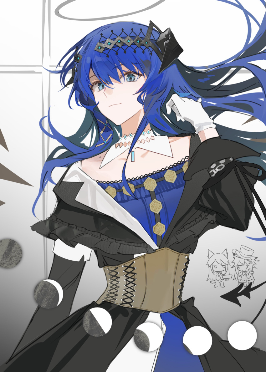 1girl, absurdres, ambience_synesthesia, arknights, bare_shoulders, black_dress, black_horns, blue_dress