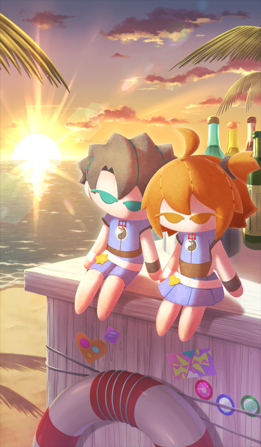 beach, bottle, character_doll, clouds, commentary_request, cosplay, doll, fate/grand_order, fate_(series), fujimaru_ritsuka_(female), fujimaru_ritsuka_(male), heart, horizon, innertube, no_humans, ocean, official_art, ono_no_komachi_koken-shou, palm_tree, sand, sky, still_life, sunlight, sunset, swim_ring, third-party_source, tree, xu_fu_(fate), xu_fu_(fate)_(cosplay), xu_fu_(swimsuit_avenger)_(fate), xxxxay, yin_yang