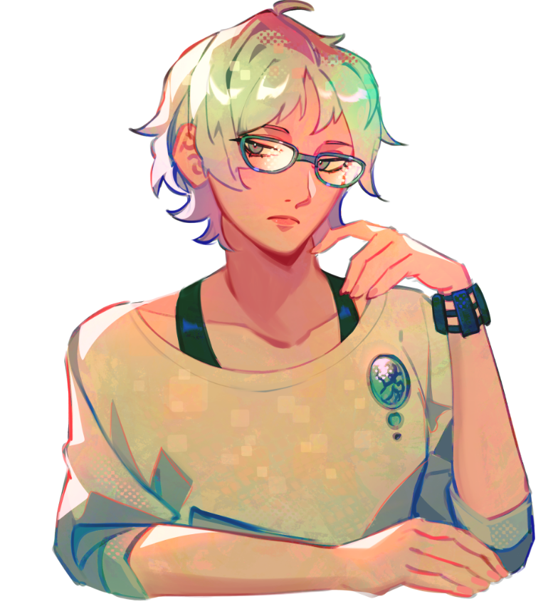 1girl, blue-framed_eyewear, brooch, closed_mouth, commentary, crocrubies, english_commentary, eyelashes, glasses, jewelry, kyokugen_dasshutsu, phi_(kyokugen_dasshutsu), shirt, short_hair, short_sleeves, simple_background, solo, watch, watch, white_background, white_hair, white_shirt, zero_escape:_toki_no_dilemma