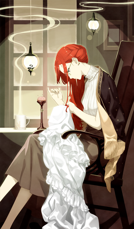 1girl, blanket_cape, brown_skirt, chair, commentary_request, crossed_legs, cup, dress