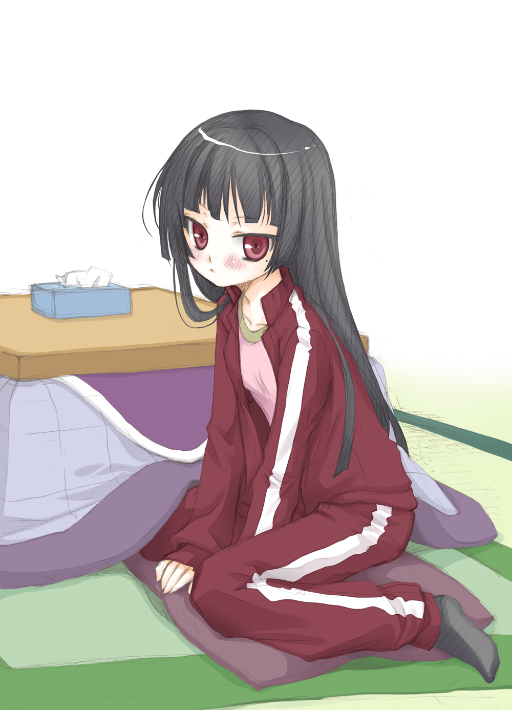 blush, gokou_ruri, highres, hime_cut, kotatsu, long_hair, mole, ore_no_imouto_ga_konna_ni_kawaii_wake_ga_nai, red_eyes, res-q, sitting, solo, table, track_suit