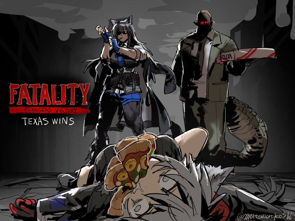 1boy, 2girls, adjusting_clothes, adjusting_gloves, animal_ears, arknights, black_hair, black_necktie