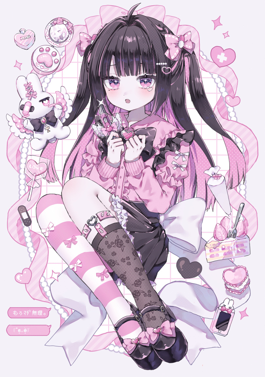 1girl, asymmetrical_legwear, black_bow, black_bowtie, black_hair, black_shoes, black_skirt, black_socks
