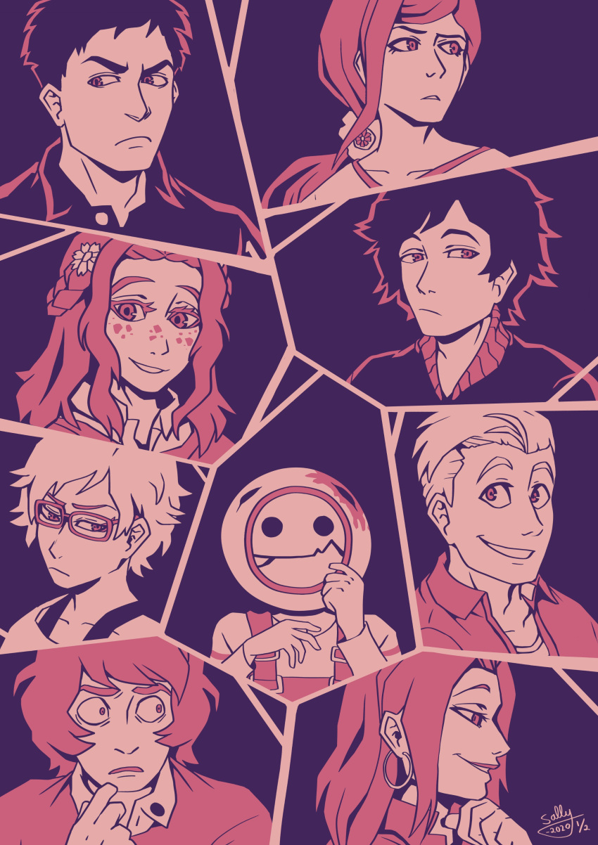 4girls, 5boys, absurdres, carlos_(kyokugen_dasshutu), closed_mouth, collared_shirt, commentary, dated, diana_(kyokugen_dasshutsu), earrings, english_commentary, eric_(kyokugen_dasshutu), eyelashes, flower, freckles, glasses, hair_flower, hair_ornament, highres, hoop_earrings, jewelry, junpei_(kyokugen_dasshutsu), kyokugen_dasshutsu, limited_palette, long_hair, mira_(kyokugen_dasshutu), multiple_boys, multiple_girls, murasaki_(kyokugen_dasshutsu), phi_(kyokugen_dasshutsu), ponytail, portrait, q_(kyokugen_dasshutsu), shirt, short_hair, sigma_(kyokugen_dasshutsu), sigmacatdilemma, signature, smile, zero_escape:_toki_no_dilemma