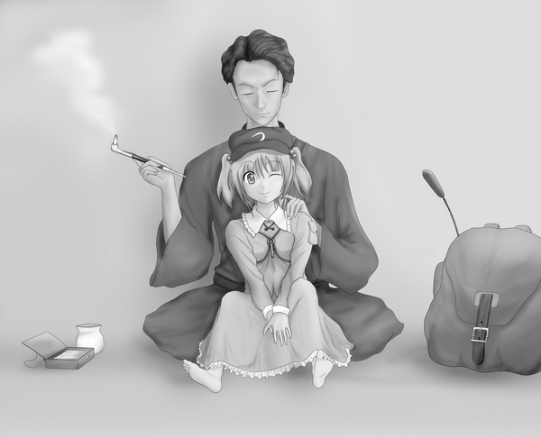 1boy, 1girl, akutagawa_ryuunosuke, bag, barefoot, closed_eyes, hair_ornament, hat