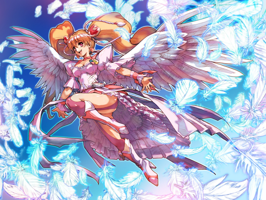 boots, brown_hair, choker, cure_angel, cure_peach, earrings, feathers, fresh_precure!