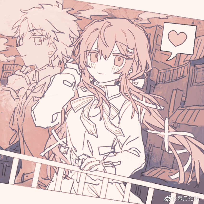 1boy, 1girl, black_skirt, blush, bow, breaker_gorgon, breasts, brown_vest