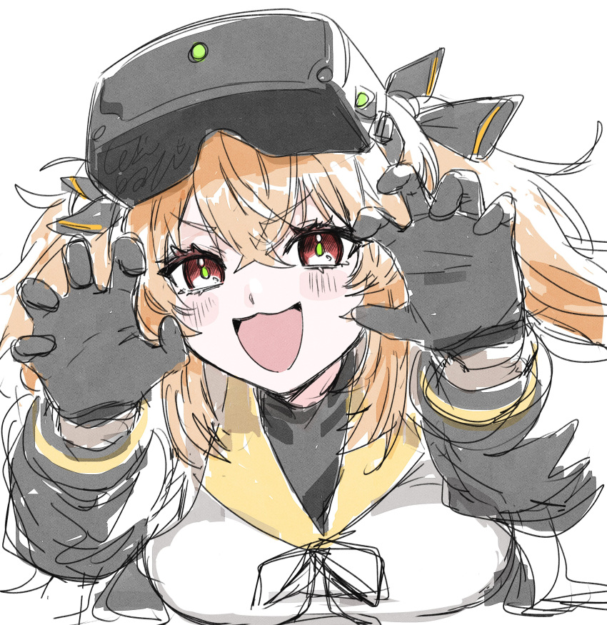 1girl, :3, absurdres, black_gloves, black_ribbon, blush, breasts, brown_eyes, brown_hair, commentary_request, girls'_frontline_2:_exilium, girls_frontline, gloves, highres, large_breasts, lenna_(girls'_frontline_2), night_vision_device, ribbon, shinoe_nun, solo, twintails, ump9_(girls'_frontline)