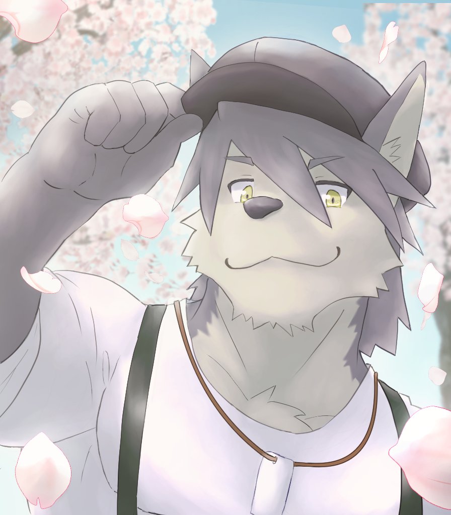 1boy, animal_ears, cherry_blossoms, closed_mouth, commentary_request, dog_boy, dog_ears, dog_tags