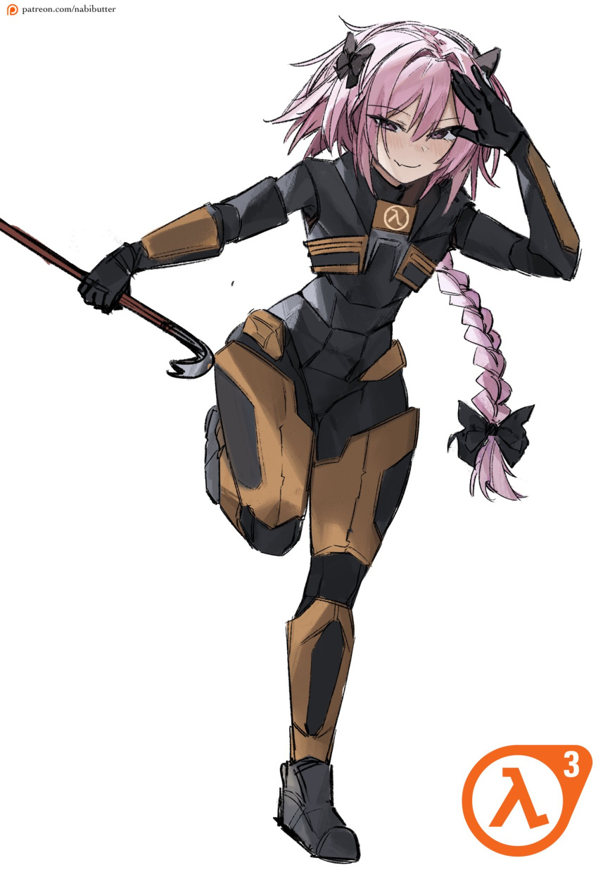 1boy, armor, astolfo_(fate), black_bow, bow, braid, commentary, commission, cosplay, crowbar, english_commentary, eyes_visible_through_hair, fang, fang_out, fate/grand_order, fate_(series), full_body, gordon_freeman, gordon_freeman_(cosplay), hair_between_eyes, hair_bow, half-life_(series), hand_up, hev_suit, highres, holding, holding_crowbar, lambda_symbol, long_braid, long_hair, otoko_no_ko, pink_eyes, pink_hair, salute, simple_background, single_braid, solo, very_long_hair, white_background, xcider
