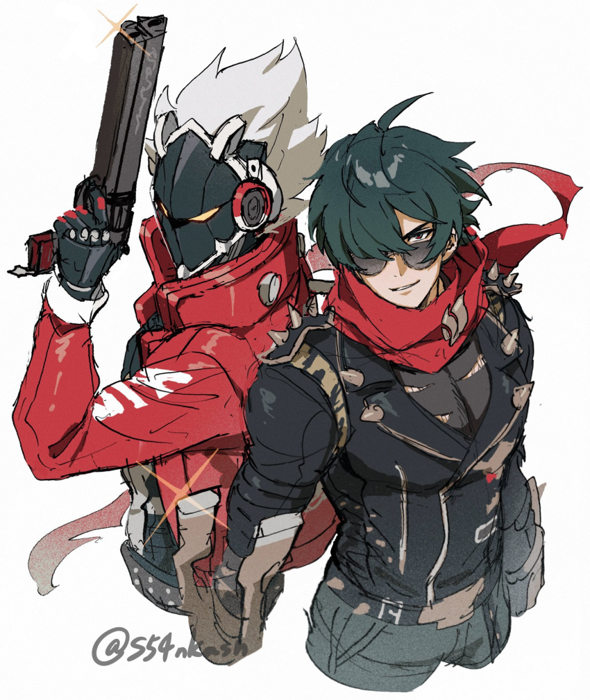 2boys, billy_kid, black_gloves, black_hair, black_jacket, commentary, commentary_request, cowboy_shot