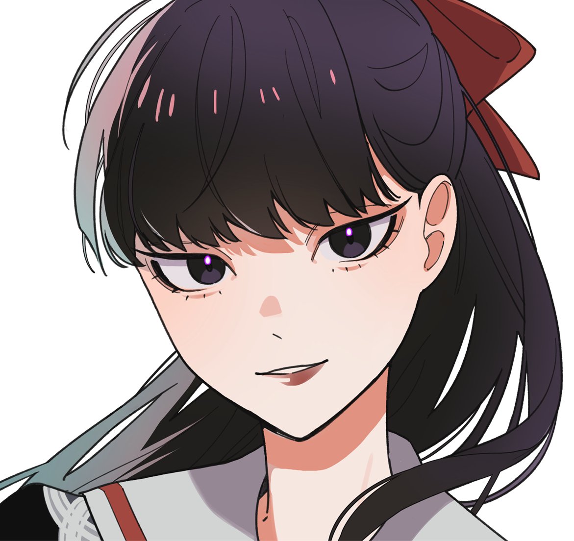 1girl, black_eyes, black_hair, bow, commentary, hair_between_eyes, long_hair, parted_lips