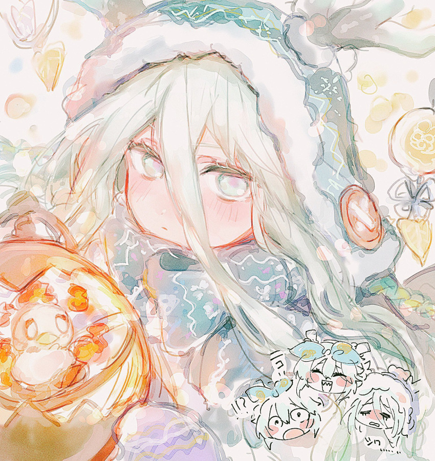 1girl, antlers, aqua_eyes, aqua_hair, beanie, blue_hat, blue_scarf, blush, chibi, chibi_inset, fate/grand_order, fate_(series), hair_between_eyes, hat, highres, holding, holding_lantern, horns, lantern, long_hair, looking_at_viewer, louhi_(fate), louhi_(first_ascension)_(fate), louhi_(second_ascension)_(fate), louhi_(third_ascension)_(fate), michi_(michi1023_hase), mittens, open_mouth, purple_mittens, scarf, smile, solo_focus, white_background