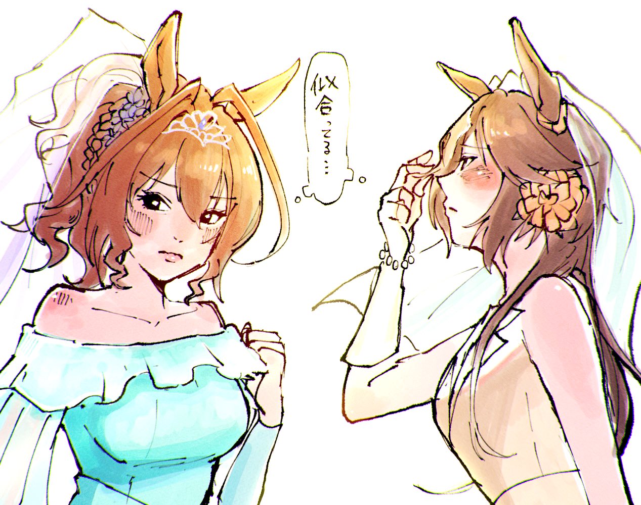 2girls, animal_ears, averting_eyes, bare_shoulders, black_eyes, blue_dress, blush, bracelet
