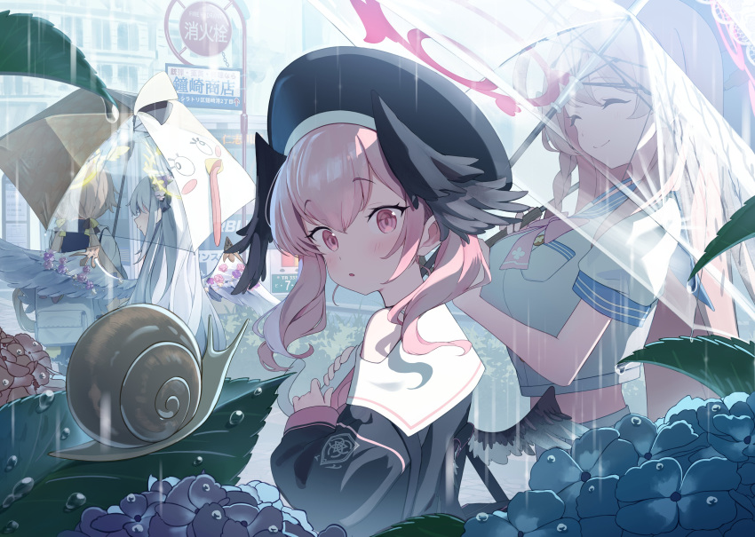 1girl, absurdres, azusa_(blue_archive), bare_shoulders, beret, black_hat, black_wings, blonde_hair