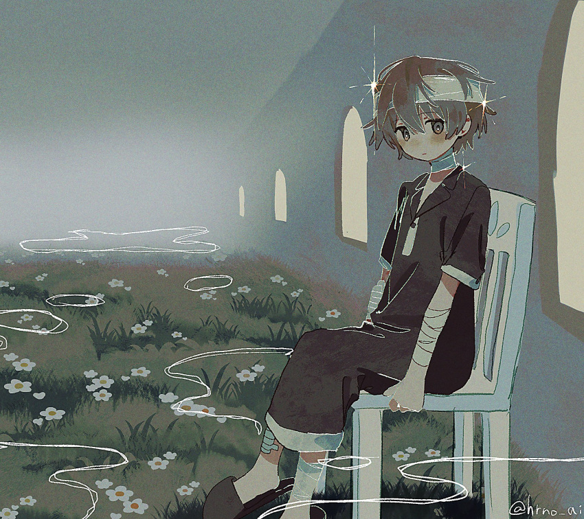 1girl, arm_wrap, bandaged_head, bandages, black_slippers, blush, brown_hair, chair