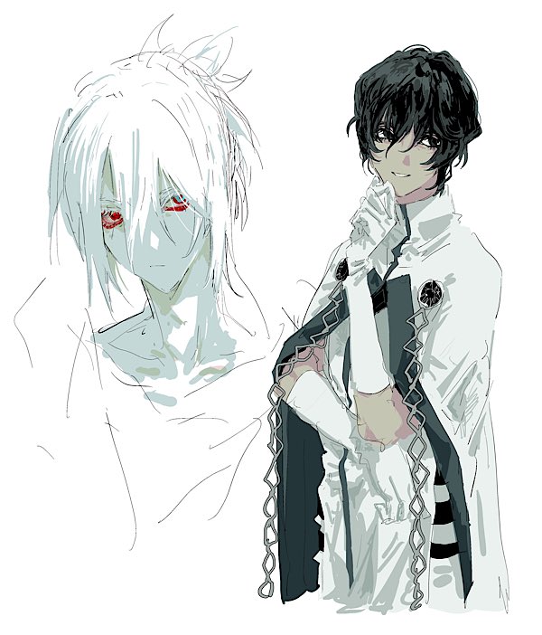 2boys, arjuna_(fate), black_eyes, black_hair, blue_eyes, cloak, dark-skinned_male, dark_skin