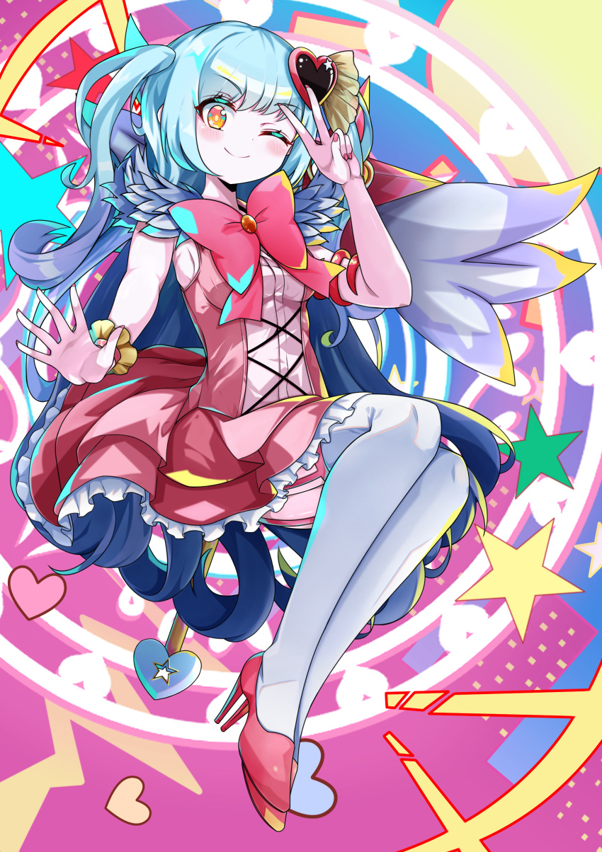 1girl, absurdres, blue_hair, blush, bow, bowtie, breasts, commentary_request, dress, full_body, gloves, hair_ornament, heart, heart_hair_ornament, high_heels, highres, lobotomy_corporation, long_hair, looking_at_viewer, magical_girl, medium_breasts, one_eye_closed, pink_bow, pink_dress, pink_gloves, pink_shoes, pixiv_75161253, project_moon, queen_of_hatred, shoes, single_wing, smile, solo, two_side_up, v, very_long_hair, wings, yellow_eyes