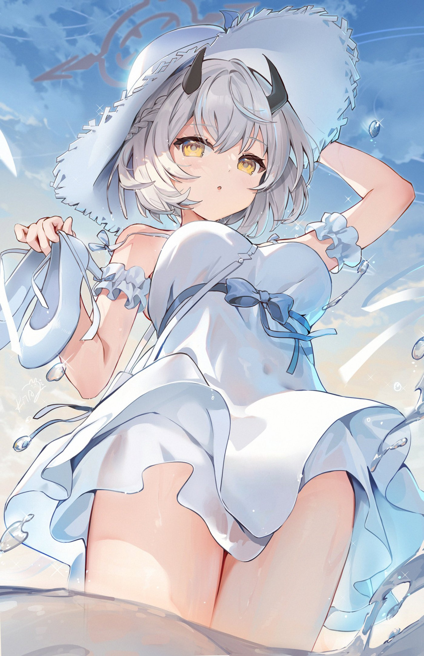 1girl, :d, bare_shoulders, black_horns, blue_archive, breasts, demon_girl, demon_horns