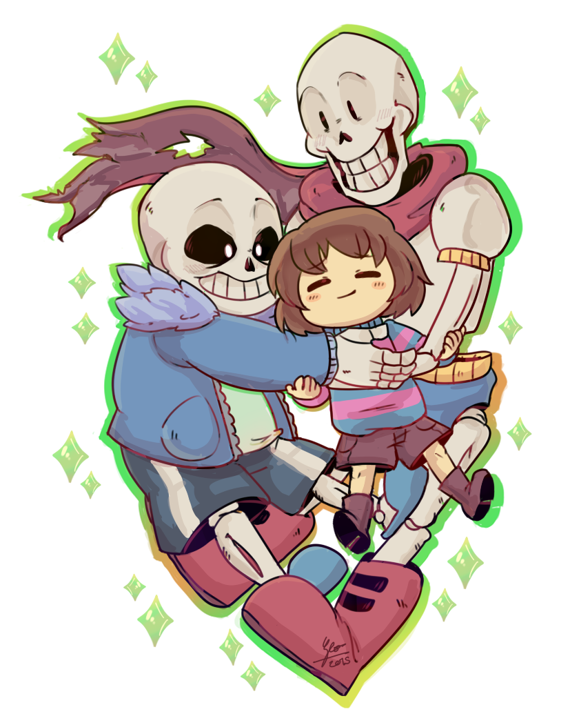 1other, 2015, 2boys, 2d, black_shorts, blue_jacket, blue_shorts, blue_slippers, boots, brothers, brown_boots, cape, digital_media, gloves, green_outline, group_hug, height_difference, hug, humanoid, jacket, male, male_only, monster, monster_boy, multiple_boys, outline, pandalana, pants, papyrus_(undertale), red_boots, red_cape, red_gloves, sans_(undertale), shorts, siblings, signature, simple_background, skeleton, slippers, sparkle, striped_shorts, teeth, trio, undead, undertale, white_background, white_stripes