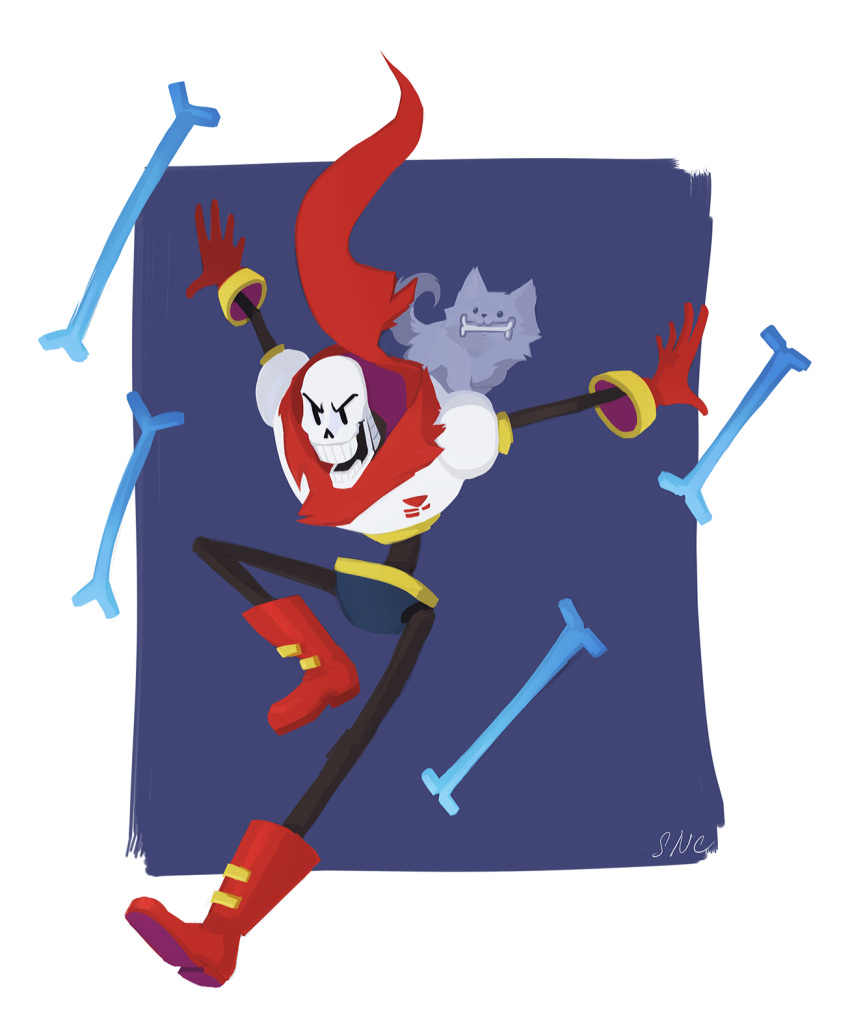 1boy, 2016, 2d, animal, annoying_dog, atenovx, blue_shorts, bone, boots, cape, digital_media, dog, duo, falling, gloves, humanoid, landing, male, male_only, monster, monster_boy, outstretched_arms, papyrus_(undertale), red_boots, red_cape, red_gloves, shorts, skeleton, teeth, two-tone_background, undead, undertale