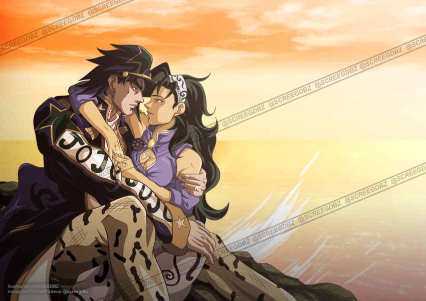 1boy, 1girl, anime_coloring, bare_shoulders, black_hair, coat, evening, hat, hug, jojo_no_kimyou_na_bouken, kujo_jolyne, long_coat, long_hair, long_sleeves, multicolored_sleeves, original, pants, peaked_cap, purple_coat, purple_hair, purple_shirt, purple_sleeves, screegdbz, shirt, short_hair, star_(symbol), star_print, stone_ocean, white_sleeves, yellow_pants