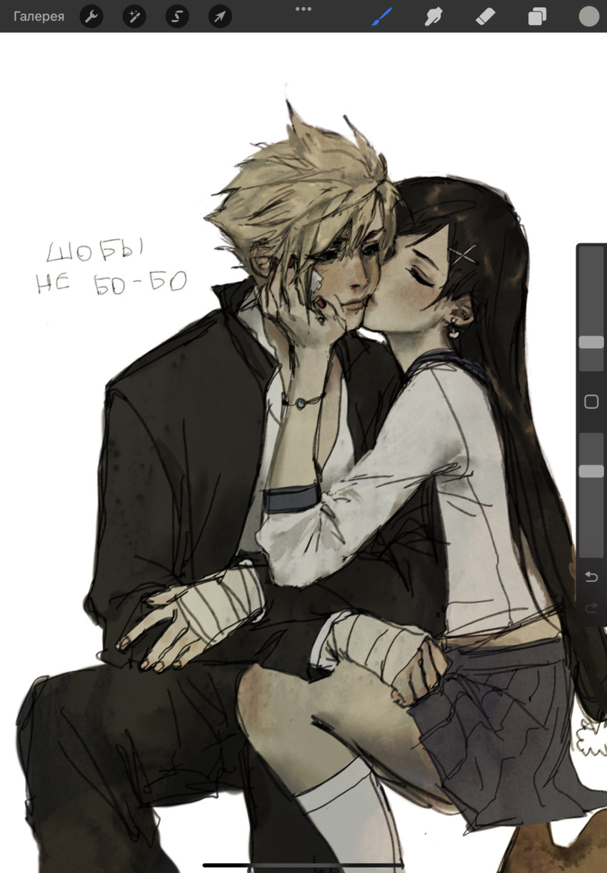 1boy, 1girl, art_program_in_frame, bandaged_arm, bandaged_hand, bandages, bandaid, bandaid_on_cheek, bandaid_on_face, black_hair, black_jacket, black_pants, blonde_hair, blue_skirt, blush, bracelet, closed_eyes, closed_mouth, cloud_strife, cloud_strife_(midgard_seventh_high_school), couple, delinquent, earrings, english_commentary, feet_out_of_frame, final_fantasy, final_fantasy_vii, final_fantasy_vii_ever_crisis, gakuran, hair_ornament, hairclip, hand_on_another's_cheek, hand_on_another's_face, heart, heart_earrings, hetero, highres, invisible_chair, jacket, jewelry, kiss, kissing_cheek, kneehighs, lips, lockh4rtsslvt, long_hair, long_sleeves, miniskirt, official_alternate_costume, open_clothes, open_jacket, pants, pleated_skirt, red_nails, school_uniform, serafuku, shirt, short_hair, simple_background, single_earring, sitting, skirt, socks, spiky_hair, tifa_lockhart, tifa_lockhart_(midgard_seventh_high_school), white_background, white_serafuku, white_shirt, white_socks