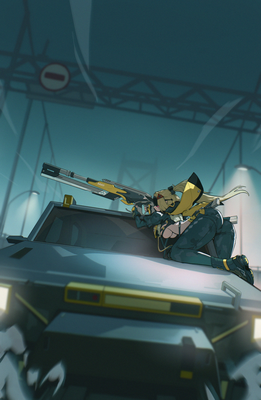 1girl, absurdres, aiming, ass, black_gloves, black_pants, blindfold, blonde_hair, boots, breasts, covered_eyes, eye_mask, fingerless_gloves, gloves, gun, hanging_breasts, highres, holding, large_breasts, long_hair, long_sleeves, military_vehicle, motor_vehicle, motorcycle, navel, pants, ponytail, rimeye, solo, trigger_(zenless_zone_zero), weapon, zenless_zone_zero
