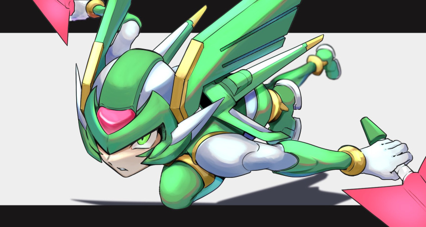 1boy, armor, black_border, border, dashing, dual_wielding, energy_sword, facial_mark