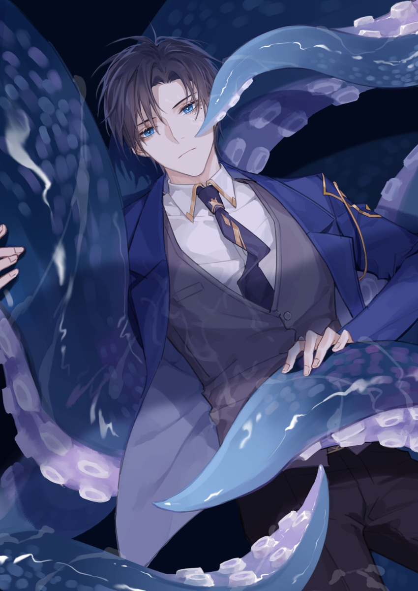 1boy, bei_gong_dale, black_background, black_pants, blazer, blue_eyes, blue_hair, blue_jacket