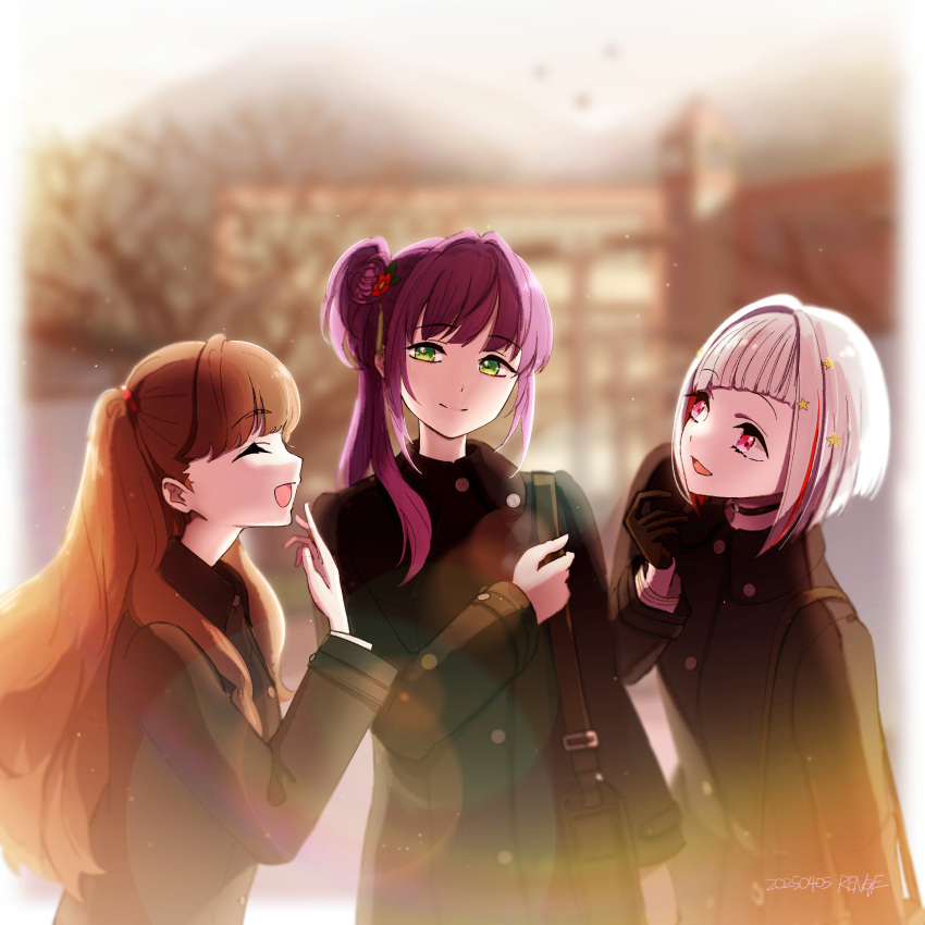 3girls, ^_^, alt_text, artist_name, bare_tree, black_choker, black_coat, blurry
