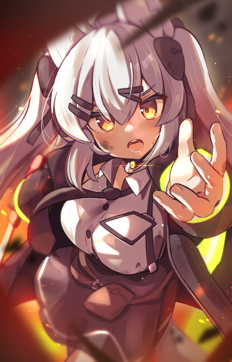 1girl, animal_ear_fluff, animal_ears, bell, black_bow, black_jacket, black_necktie, black_skirt
